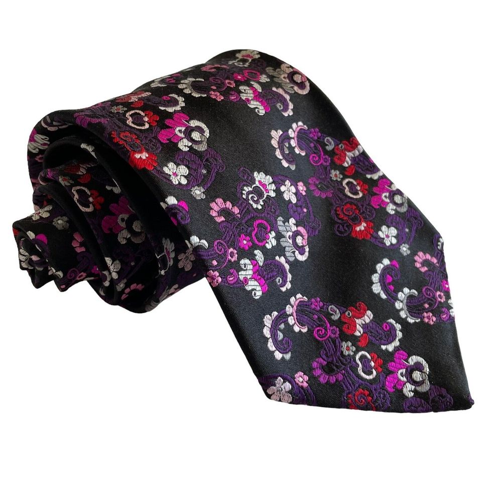 Duchamp London Silk Necktie Black Purple Pink Floral Striped NWOT $130